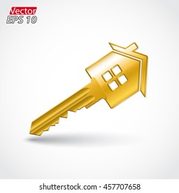 house shape 3d gold key with shadow / vector illustration