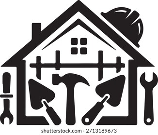 Una forma de casa que incorpora herramientas de construcción, representando la reparación del hogar y los servicios de construcción.