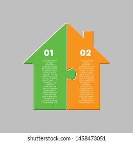 House shape jigsaw infographic banner template. Real estate business presentation. Puzzle pieces two options chart with text space. Data visualization informative poster vector layout with copyspace