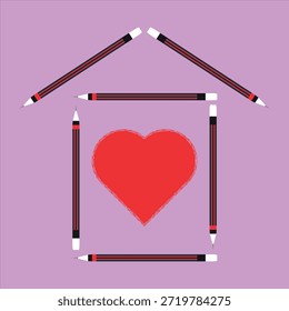 Forma de la casa hecha de lápices con un corazón rojo en el interior sobre un fondo púrpura