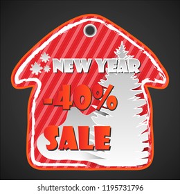 House shape Red New Year, christmas sale paper tag with paper cut elements with discount text for christmas holiday shopping promotion. EPS10 Vector illustration.
