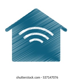 house shape with wireless network symbol icon over white background. colorful and sketch design. vector illustration