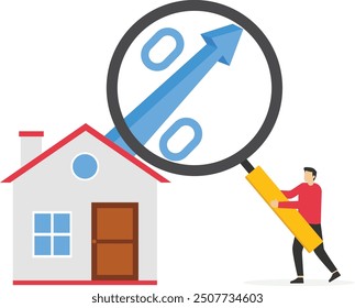 House shaped arrow. Real estate, investment, construction, growth. Businessman with magnifying glass to see percentage interest rate. Flat vector illustration.

