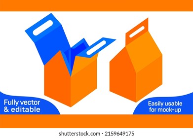House shaped box with handle die cut template and 3D box design