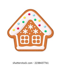 House shaped Christmas gingerbread cookie decorated with colorful icing. Winter homemade sweets. Vector illustration isolated on white background. For holidays greeting card, invitation, other design 