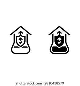 House shaped icon with shield and upward arrow inside security protection dwelling domicile