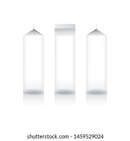 House shaped white carton box for milk, juice, coffee, tea, coconut milk or dairy product mockup (front, left-right side). Isolated on white background. For beverage or food business.