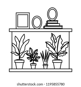 house shelf with plants and portraits