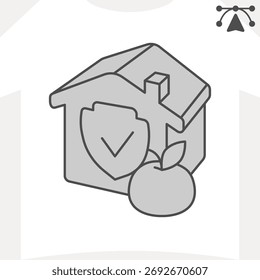 Haus mit Schild und Apfel-Ikone, Nahrungsmittelhilfe-Konzept. Vektorgrafiken. Schutz Emblem Haus Zeichen und editierbaren Strich, Umriss Stil Symbol für mobile oder Web-Design