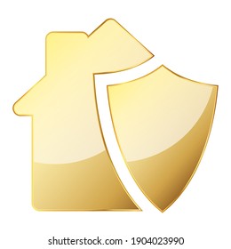 House with shield icon. Gold vector illustration. Gold safety sign. Security concept