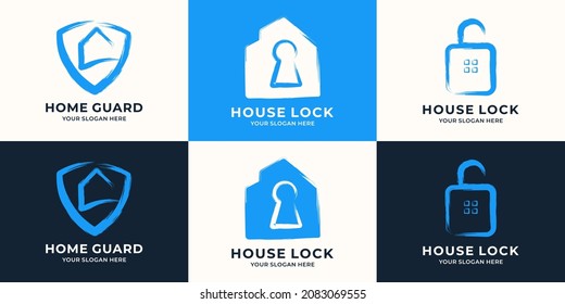 House Shield Padlock Combined With Brush Stroke Logo Concept