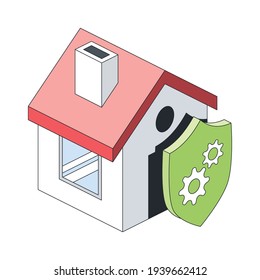 House, shield security, stroke illustration. Vector 3d line isometric, color web icons, new flat style. Creative design idea for infographics.