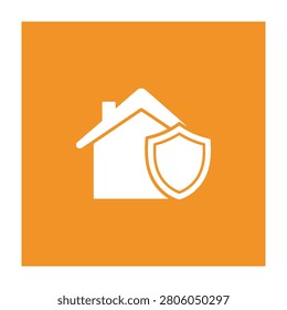 A house with a shield symbol on an orange background, representing protection and security