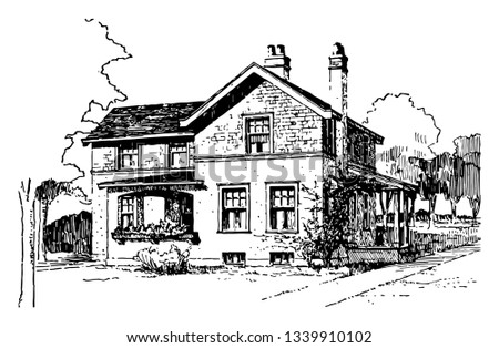 House of Shingles and Plaster design It is the covering on the uppermost part of a building vintage line drawing or engraving Stockfoto © 