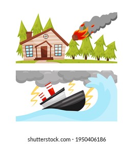 House And Ship Suffering From Destructive Weather Condition And Natural Cataclysm With Thunderstorm And Meteorite Vector Set