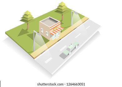 House shop isometric building on street town,small business go to success in city concept,isometric design building design,vector art and illustration.