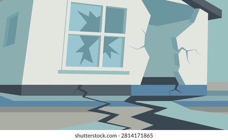 House showing severe structural damage and cracked ground representing the aftermath of a natural disaster like an earthquake.