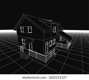 A house is shown in a black and white photo. The house is a two story home with a porch and a chimney. The photo is in black and white, giving it a classic and timeless feel