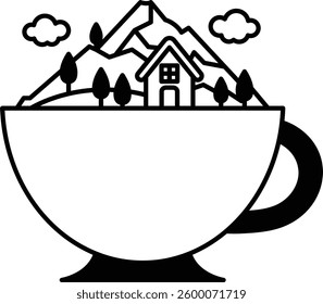 A house is shown in a bowl. The house is surrounded by trees and mountains. The bowl is large and has a unique design