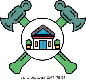 Uma casa é mostrada com um martelo e um martelo de cada lado. O martelo e o martelo se cruzam, e a casa fica no meio
