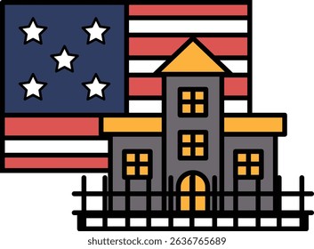 A house is shown next to the American flag. The house is a small, yellow building with a white roof. The house is surrounded by a fence. The American flag is red, white, and blue with stars