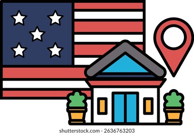 A house is shown next to a red, white, and blue American flag. The house is located near a building and a potted plant