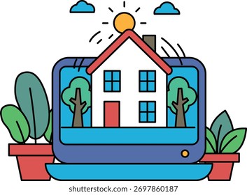 Uma casa é exibida em uma tela de notebook com um sol brilhante brilhando sobre ela. A casa é cercada por árvores e uma planta em vaso. A cena é alegre e convidativa