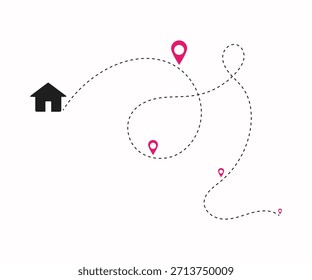 Ein Haus wird auf weißem Hintergrund mit einer Linie durch es gezeichnet. Es gibt drei kleine rosa Punkte auf der Linie, die an verschiedenen Punkten platziert werden. Konzept von Richtung und Bewegung