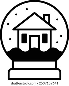 A house is shown in a snow globe. The house is small and has a chimney