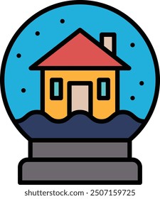 A house is shown in a snow globe. The house is small and has a chimney