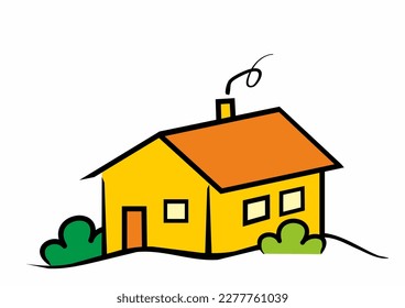 House with shrubs, smoking chimney, home heating, vector sketch, illustration
