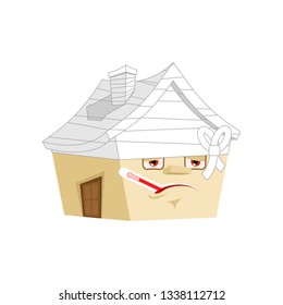 House Sick With thermometer isolated. ill Home Cartoon Style. Building bandaged Vector