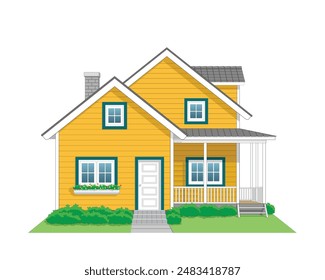 House with Side Terrace front view in color amber orange, pine and white, vector illustration isolated on white background, eps