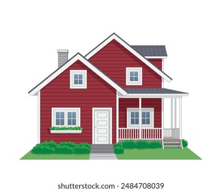 House with Side Terrace front view in color dark red and white, vector illustration isolated on white background, eps