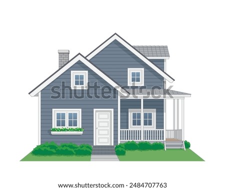 House with Side Terrace front view in color charcoal gray and white, vector illustration isolated on white background, eps