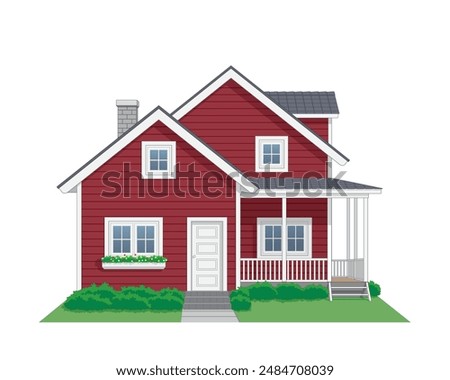House with Side Terrace front view in color dark red and white, vector illustration isolated on white background, eps