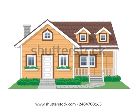 House with Side Terrace front view in color pastel orange, brown and white, vector illustration isolated on white background, eps