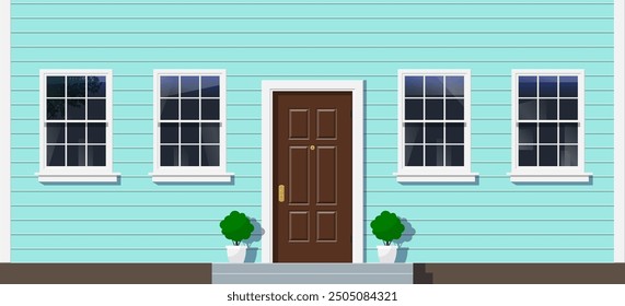 house siding facade front view  entrance door windows potted plants exterior design vector illustration