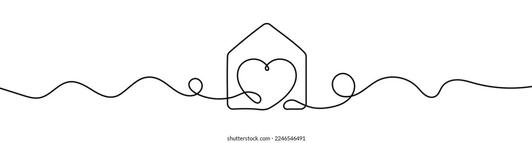 House sign in continuous line drawing style. Line art of house icon and heart shape. Vector illustration. Abstract background