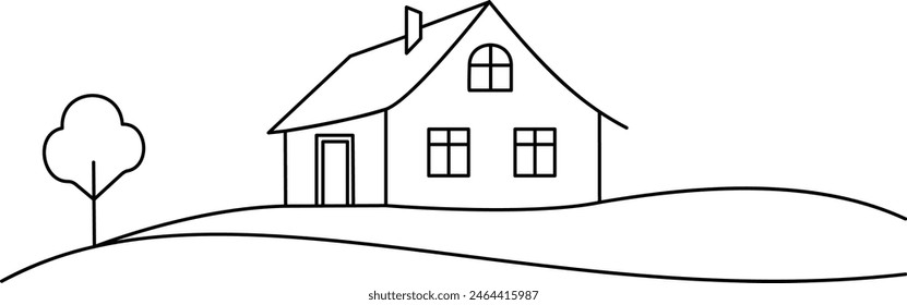 House sign in continuous line drawing style. Line art of house icon. Vector illustration. Abstract background.