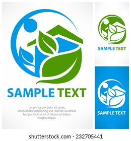 House sign with green leaf, vector illustration