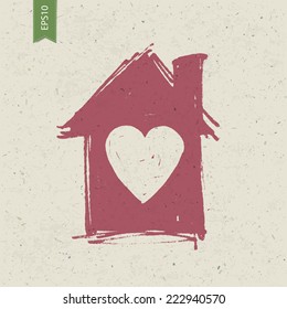 House sign with heart on paper texture. Vector, EPS10