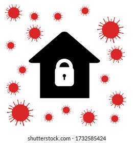 A house sign with a keypad inside and a lot of red scary viruses around the house. It’s followed the campaign STAY AT HOME.  
