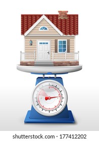 House sign on scale pan. Weighing home symbol on scales. Qualitative vector (EPS-10) illustration about architecture, building, real estate, construction, development, housing, etc