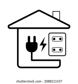 Hauszeichen und Sockel mit Stecker, schwarze Symbol auf weißem Hintergrund, Vektorgrafik