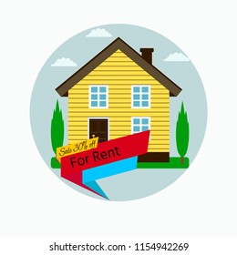The house and sign with text "For rent, sale" in the foreground. Vector  illustration.  Real Estate concept, template for sales, rental, advertising. Vector  illustration. 