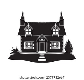 House silhouette. Silhouette of House in black and white colors. Hand Drawn House isolated on white background. vector illustration. Black silhouette House. Home icon. Home silhouette.