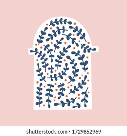A house silhouette with decorative floral elements. Hand drawn vector illustration.