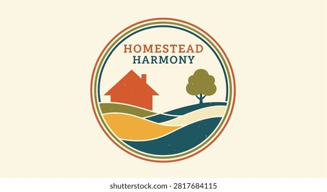 House silhouette icon features a rustic dwelling and a solitary tree set within a circular badge design for branding projects.