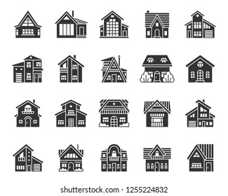 House silhouette icons set. Web sign kit of home exterior. Township pictogram collection includes residence, chalet, rent. Simple cottage black symbol isolated on white. Vector Icon shape for stamp